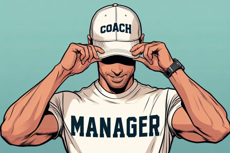 Person wearing a manager shirt putting on a coaching hat