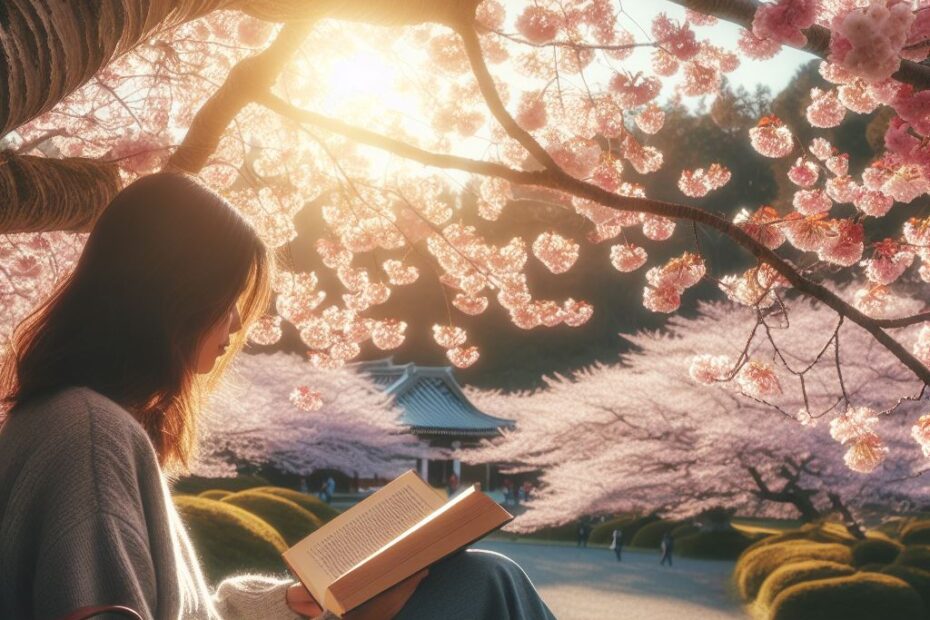 reader under cherry blossom