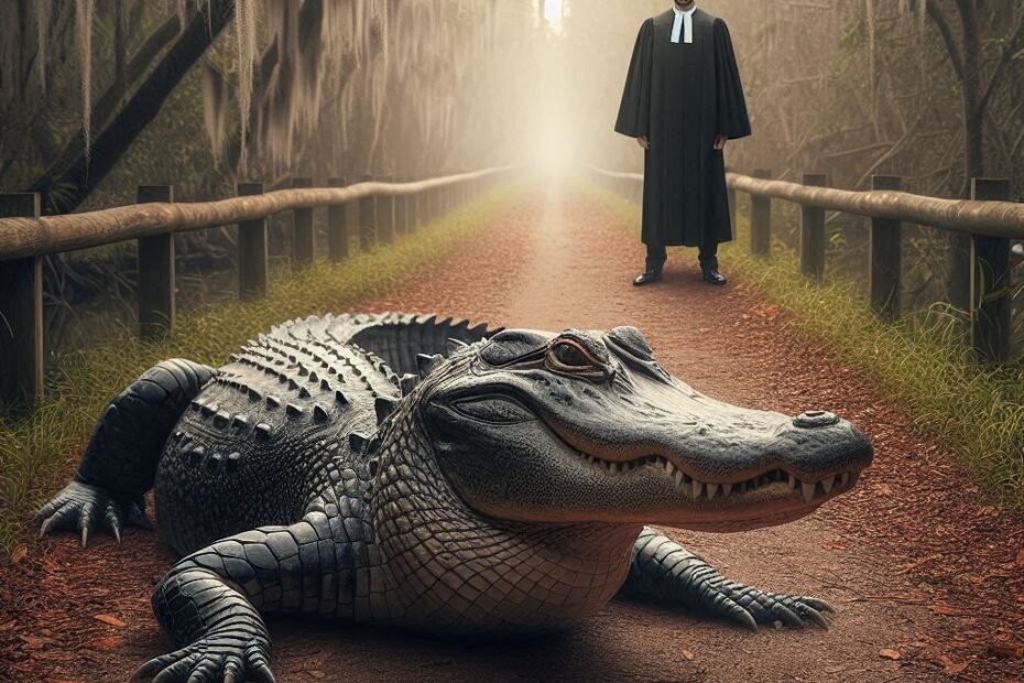 Gator on a path in front of a judge
